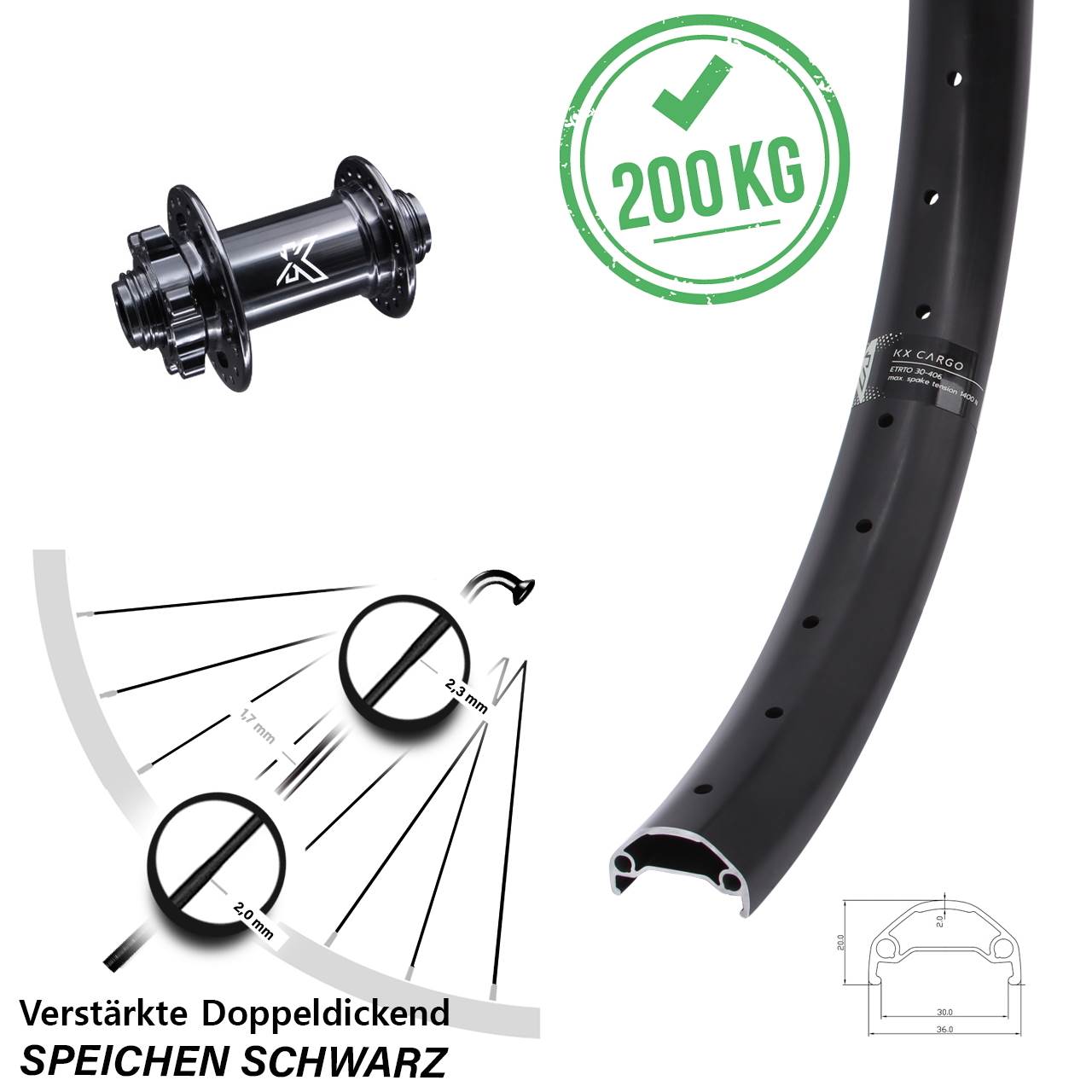 KX-M Cargo Vorderrad 26 Zoll breite Heavy Duty Felge 30 mm für Steckachse