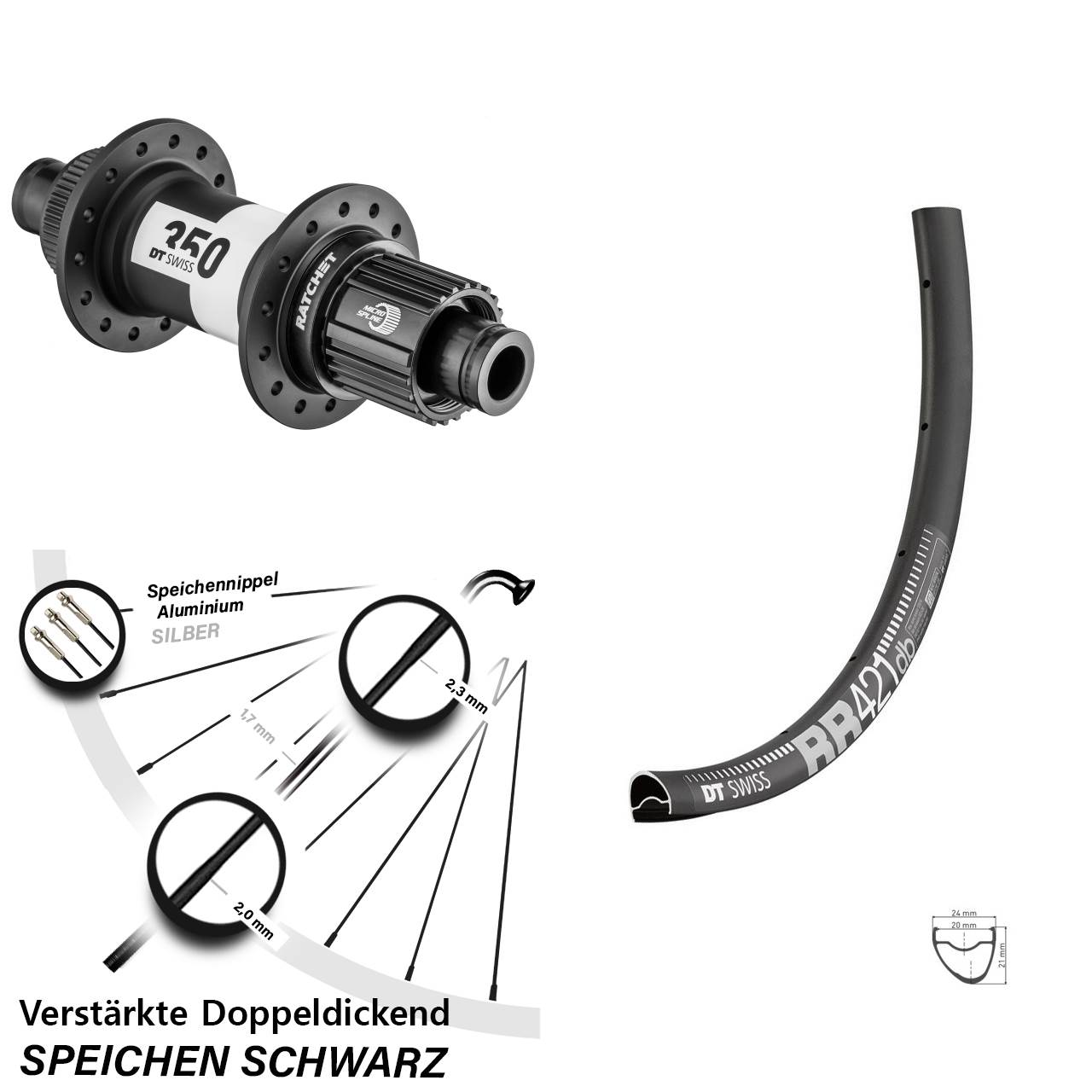 28 Zoll DT Swiss RR 421-350 Ratchet 36 Centerlock Hinterrad 12x142 Micro Spline