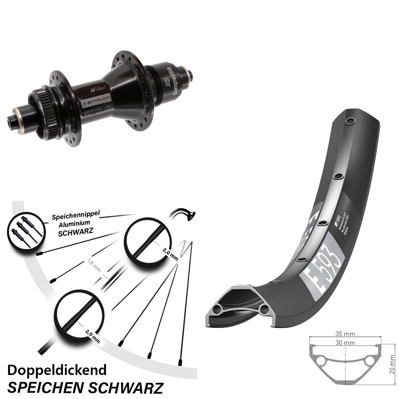 DT Swiss E593-370 29 Zoll Centerlock Hinterrad für Schnellspanner XD