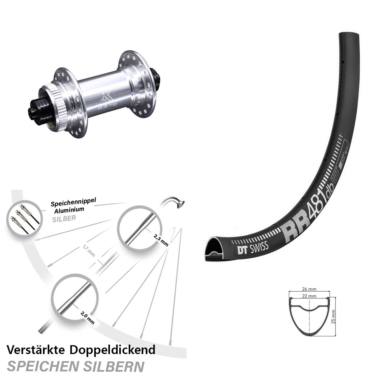 Vorderrad 28 Zoll DT Swiss RR 481 DB Disc verstärkt KX-G silbern 5x100