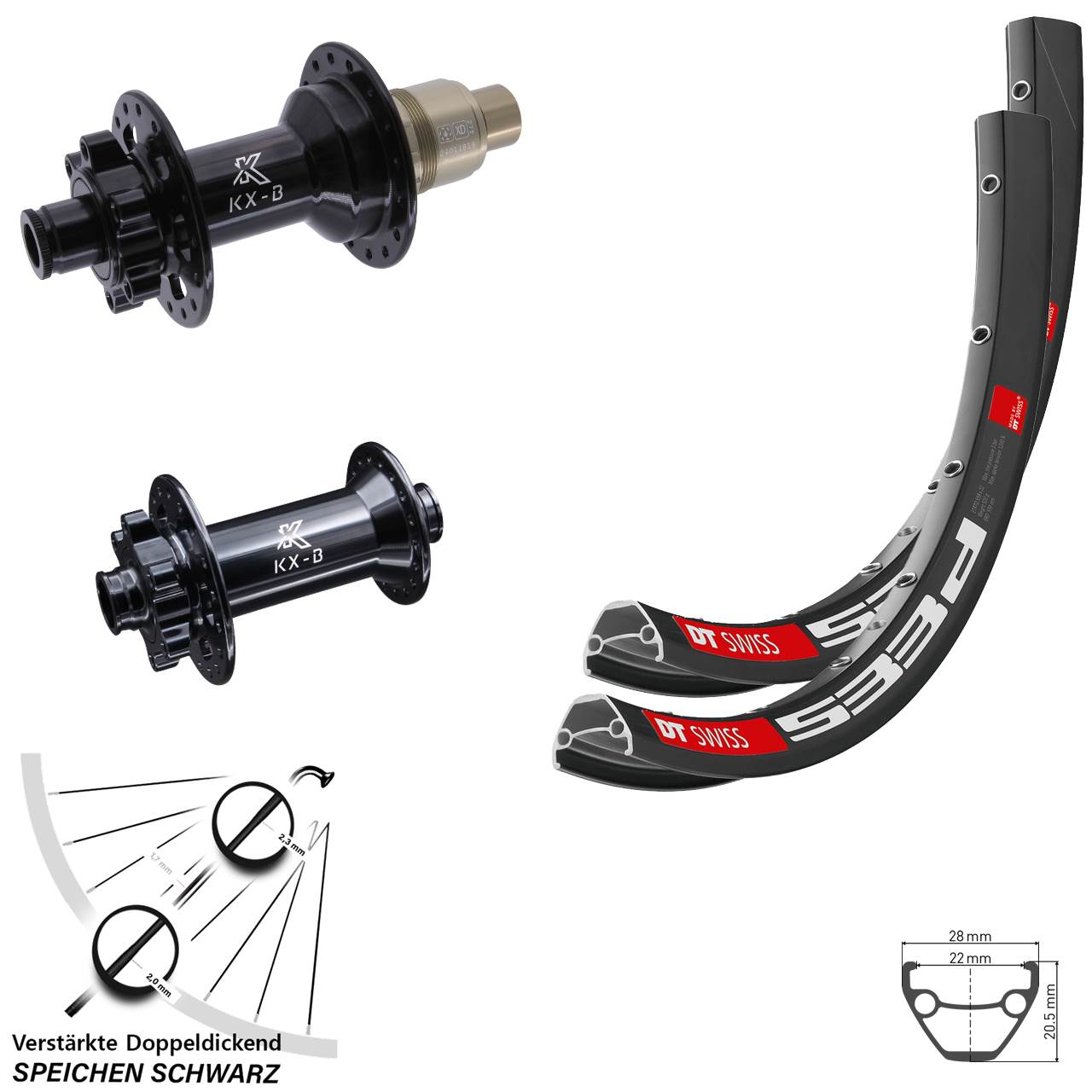 27,5 Zoll DT Swiss 533d KX-B Boost Disc Laufrad-Satz 15x110 12x148 Boost SRAM XD