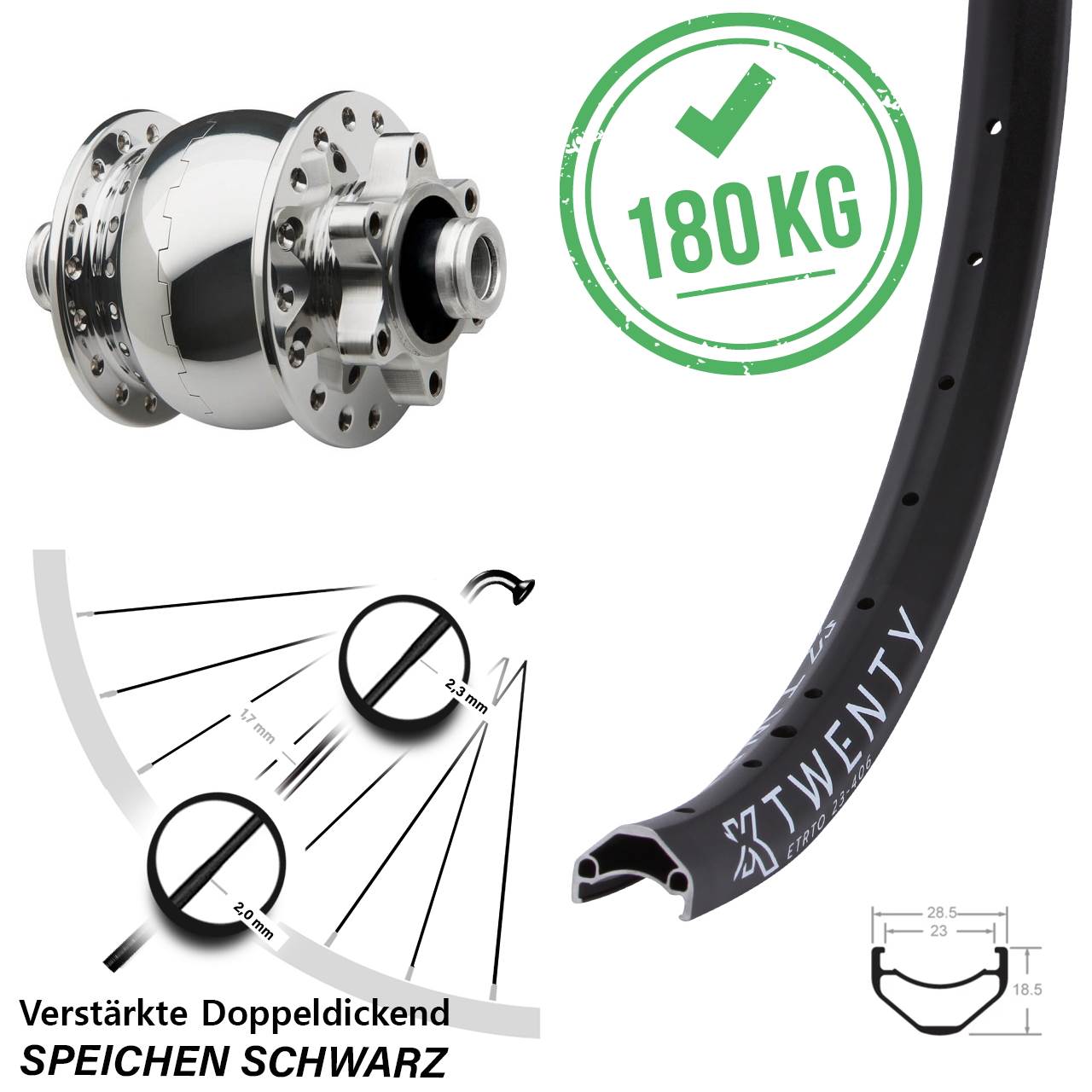 Vorderrad 20 Zoll KX Twenty SON 28 12x100 6-Loch silbern poliert