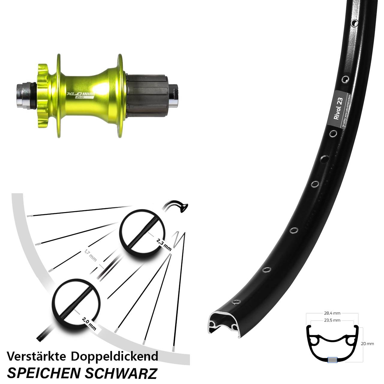 Ryde Rival 23 XLC Evo grün 650B Hinterrad 6-Loch 12x142 8-11 fach