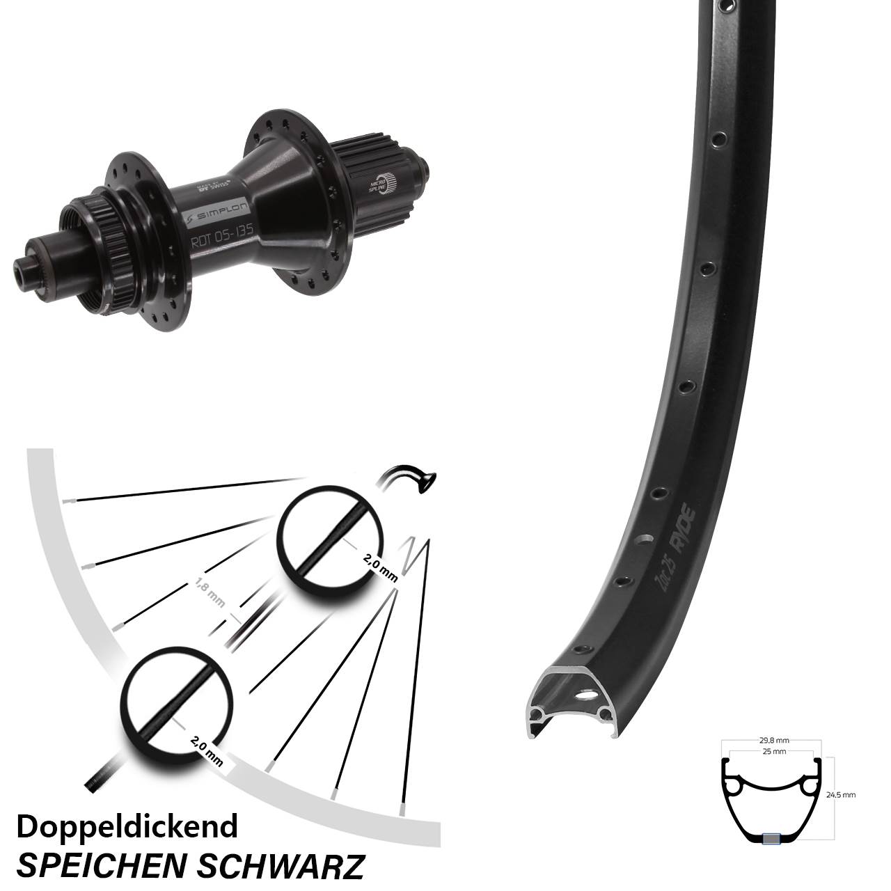 28-29 Zoll Ryde ZAC 25 DT Swiss 370 Hybrid Disc Laufrad QR Micro Spline