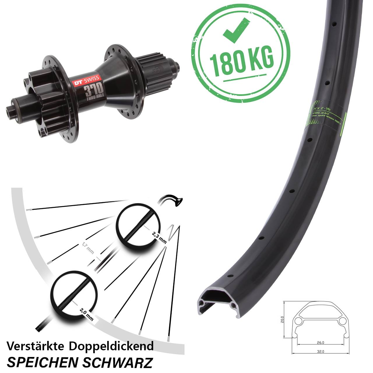 20 Zoll KX Evo DT Swiss 370 Hybrid Disc Laufrad für Schnellspanner Micro Spline