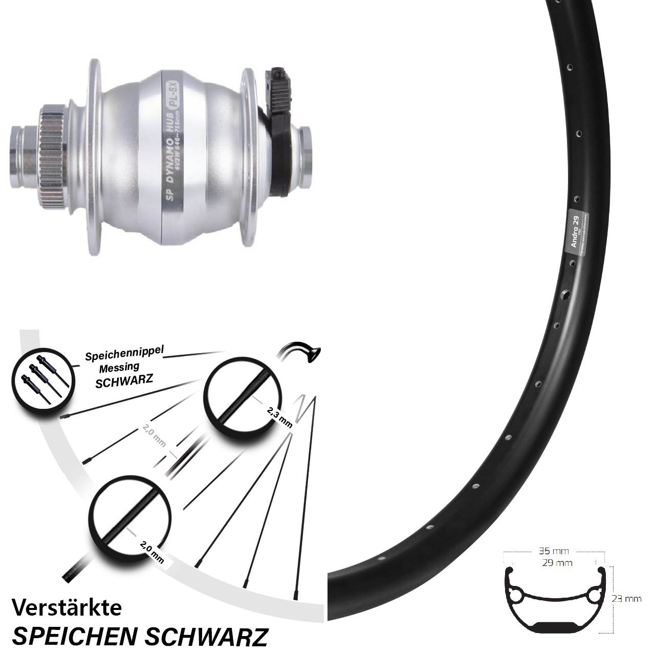 Nabendynamo Ryde Andra 29 Zoll Vorderrad Steckachse 12x100 mm Shutter Centerlock silbern