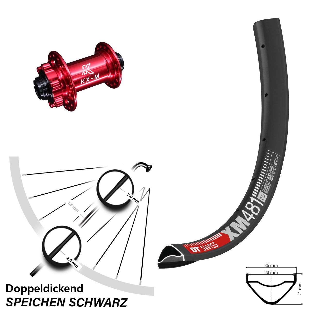 27,5 Zoll DT Swiss XM481 KX-M rot Vorderrad 6-Loch 15x100