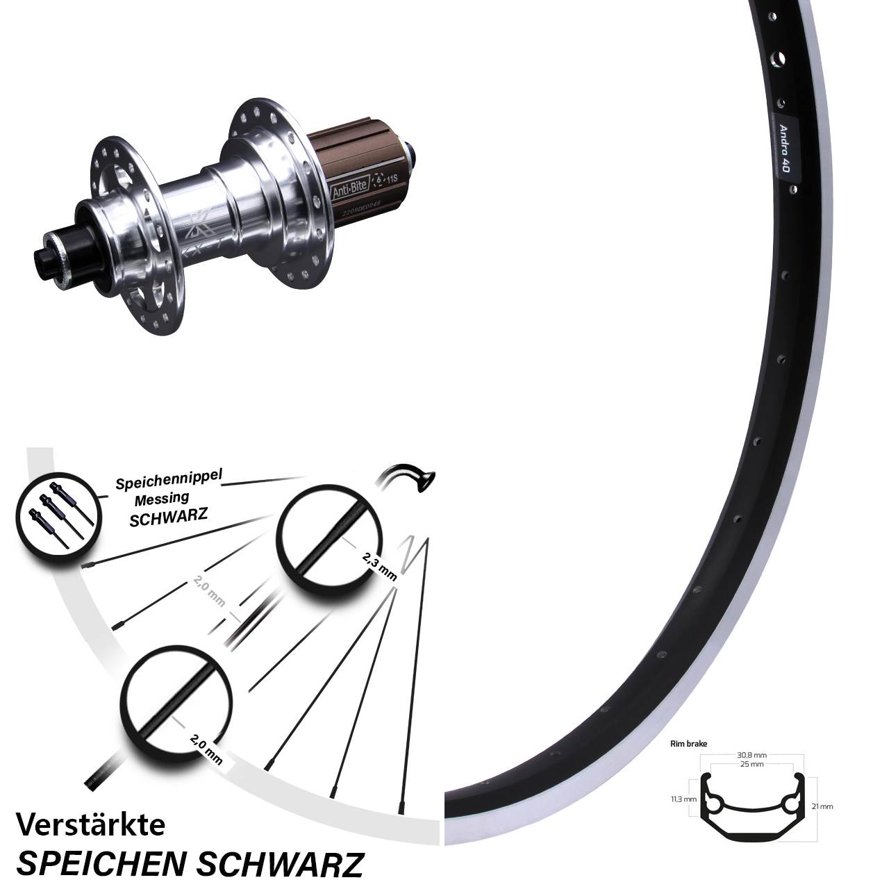 Hinterrad Ryde Andra 40 Felgenbremse 8-11 fach KX-T Nabe verstärkt 130mm silbern 28 Zoll