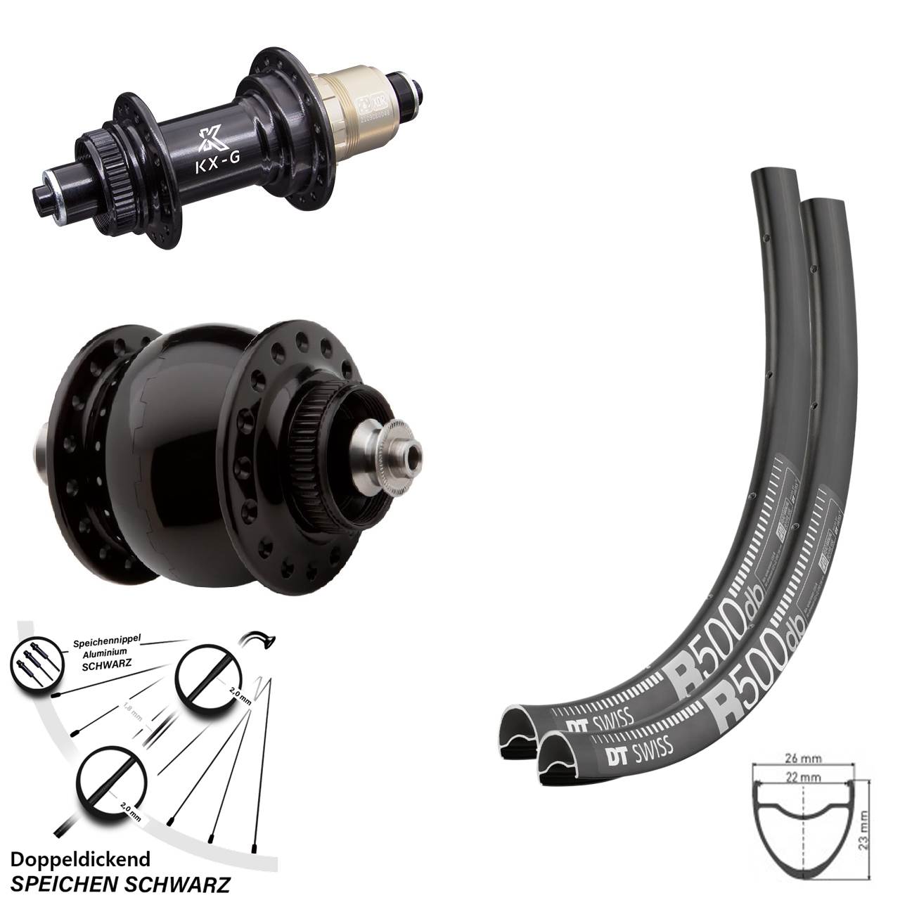 Laufradsatz Road Disc DT Swiss R 500 mit Nabe KX-G Sram XD-R Dynamo SON delux