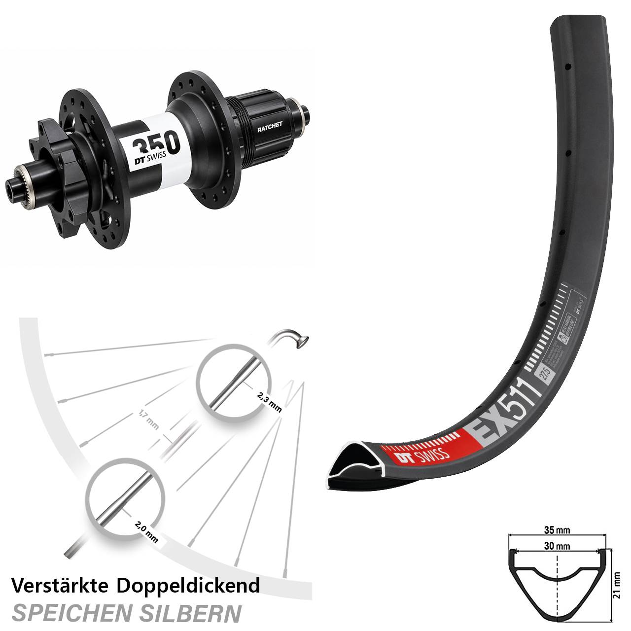 29 Zoll DT Swiss EX 511 350 Disc Hinterrad für Schnellspanner XD
