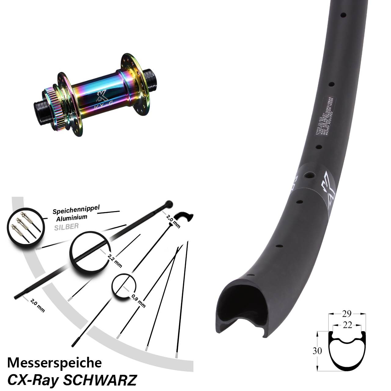 Vorderrad 12x100 29 Zoll KX-RC Gravel Carbon Oilslick Messerspeiche CX-Ray