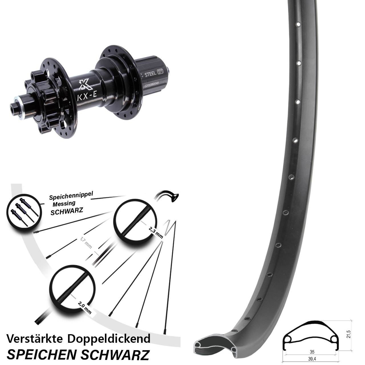 27,5 Zoll Ambrosio E35 KX-E Heavy Duty Boost Hinterrad 6-Loch QR 8-12 fach