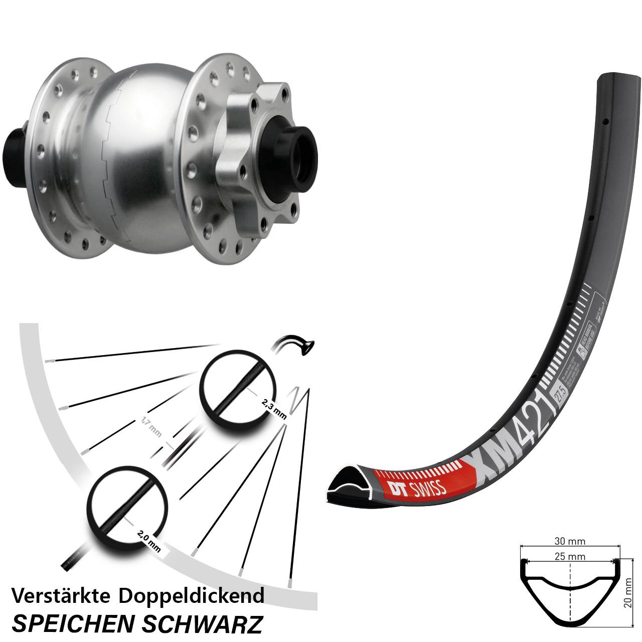 Nabendynamovorderrad 6-Loch 650B DT Swiss XM421 SON 28 silbern 15x110 Boost