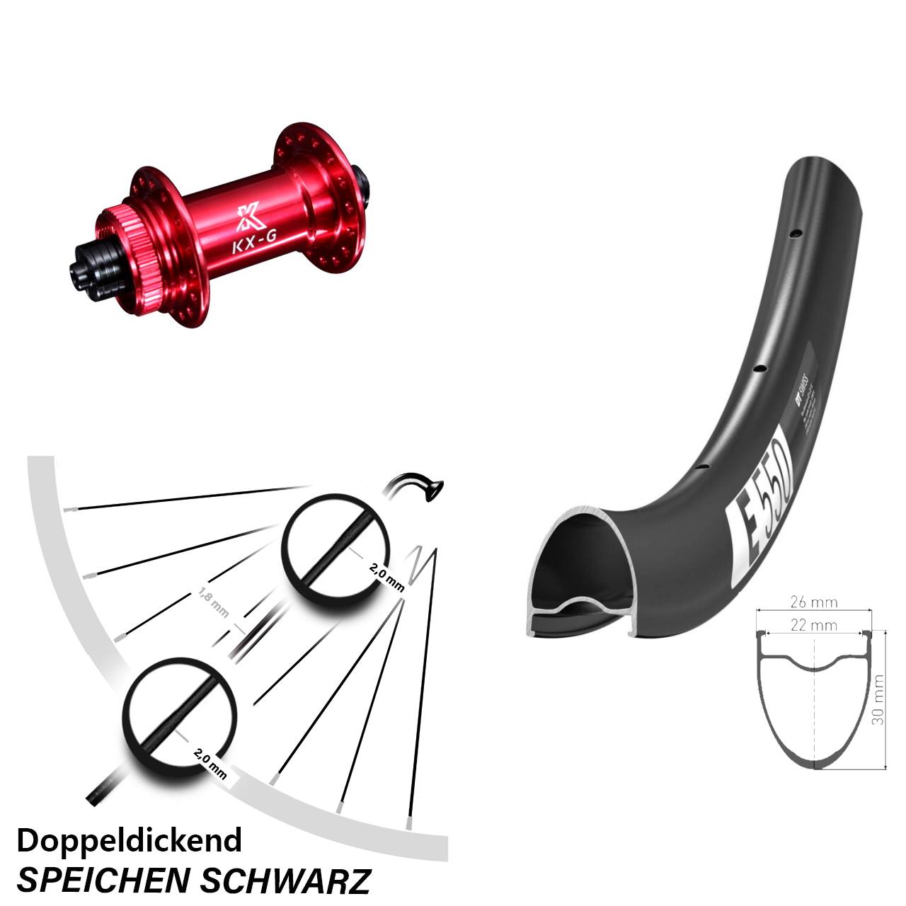 Vorderrad Centerlock 28 Zoll DT Swiss E550 KX-G rot für Schnellspanner