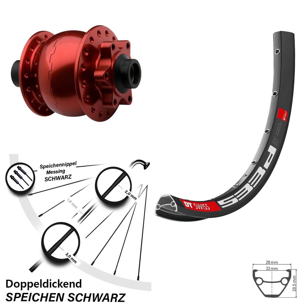 26 Zoll DT Swiss 533 D SON 28 rot Disc Nabendynamolaufrad 15x100