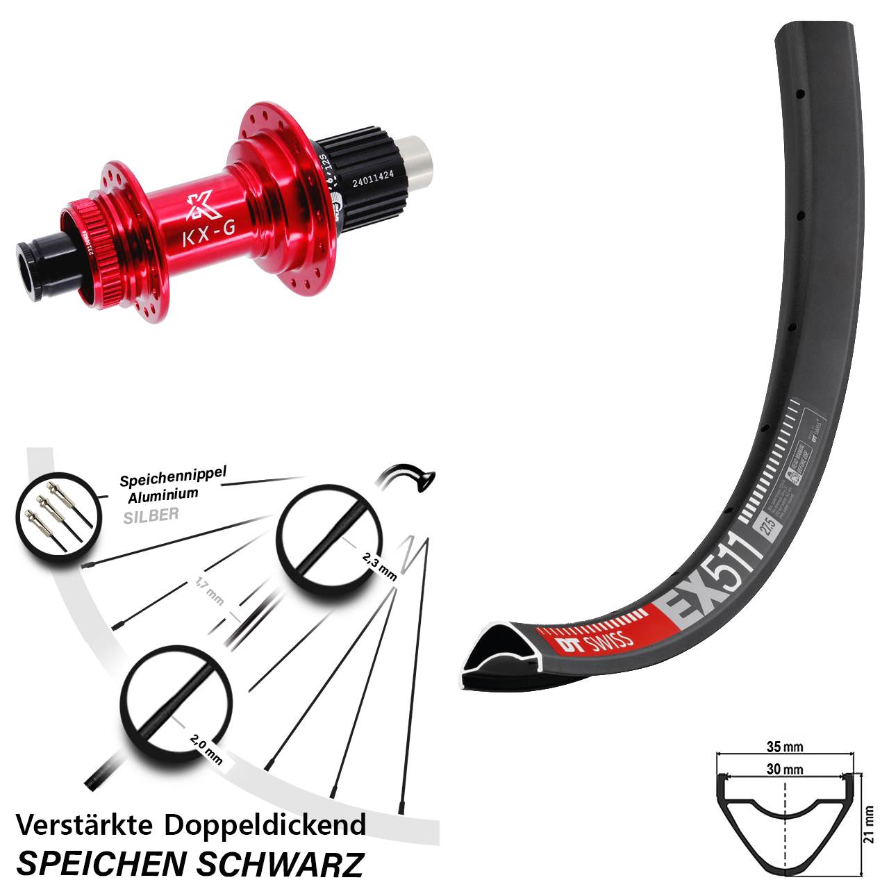 Centerlock Hinterrad 27,5 Zoll DT Swiss EX 511 KX-G rot Shimano Micro Spline 12x142