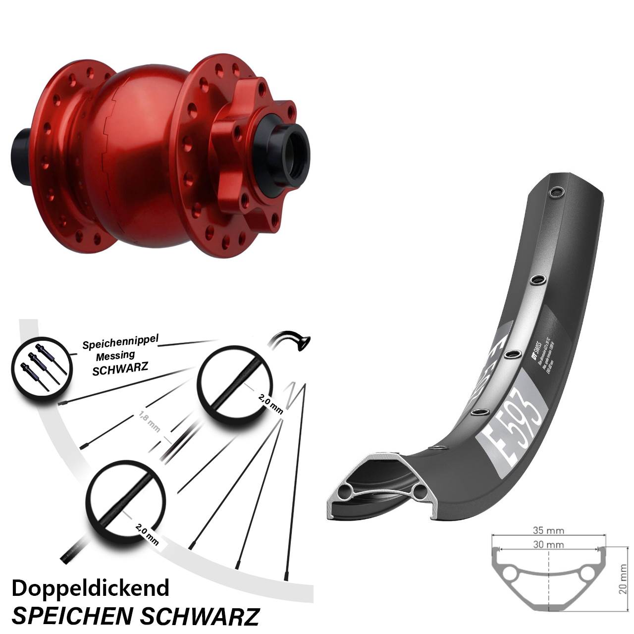 29 Zoll DT Swiss E 593 SON 28 rot Dynamo-Vorderrad 6-Loch 15x110 Boost