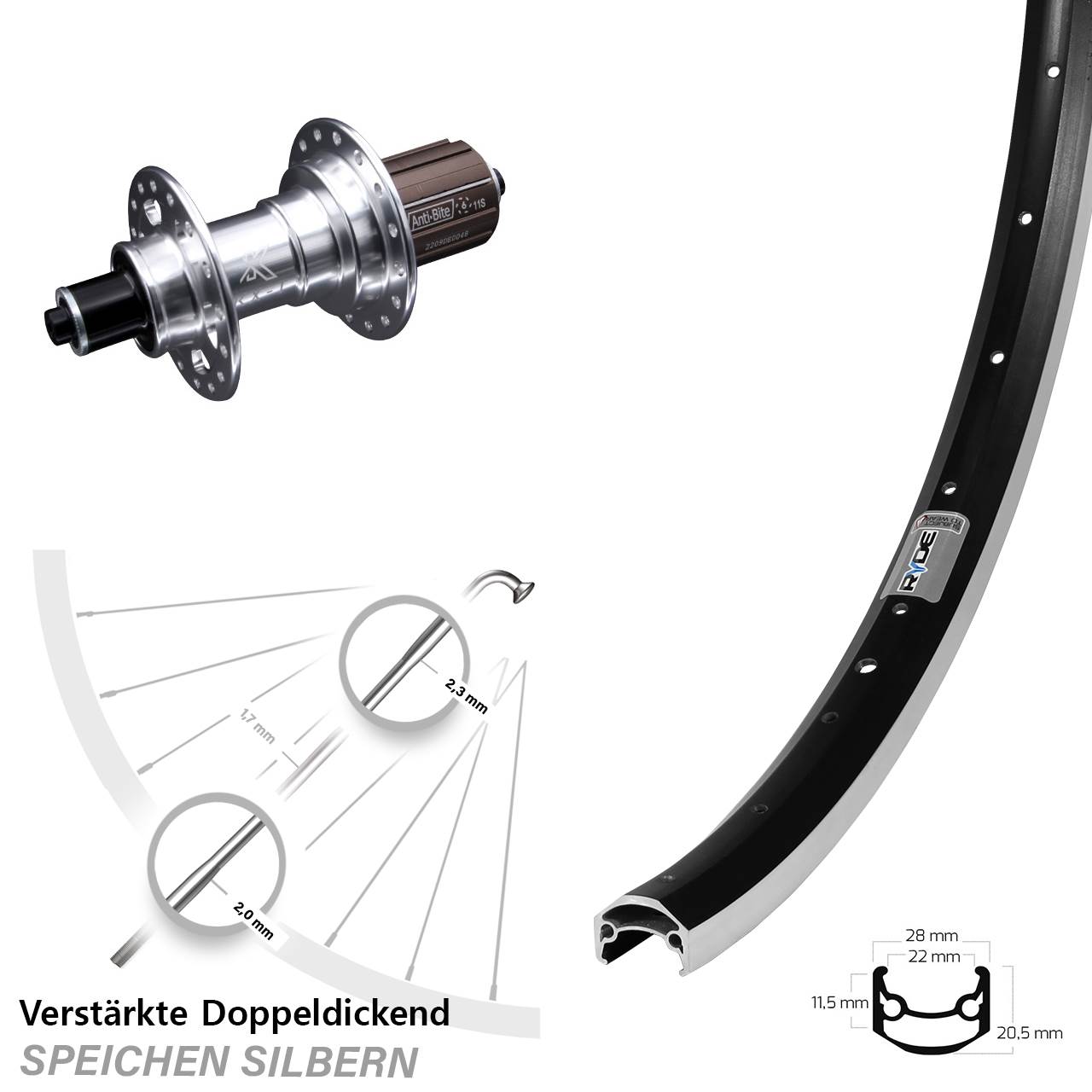 27,5 Zoll Ryde Andra 35 KX-T Laufrad hinten für Schnellspanner 8-12 fach HG