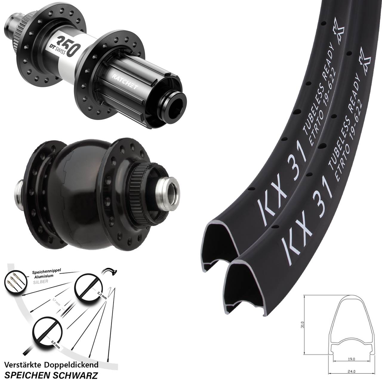 28 Zoll KX 31 DT Swiss 350 SON 28 Centerlock Laufradsatz 12x100/142 11-12 fach