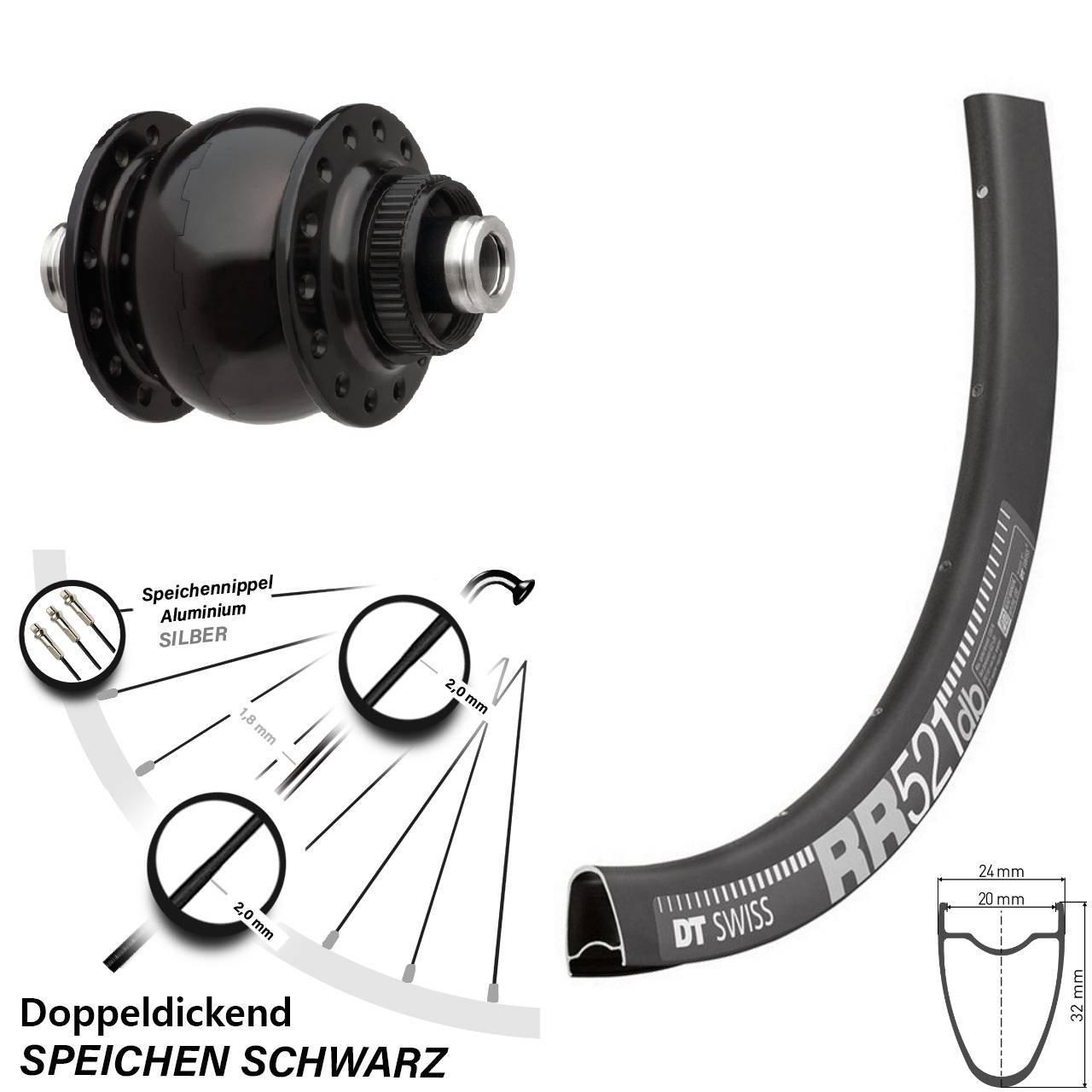 Vorderrad 28 Zoll DT Swiss RR 521 mit Son Nabendynamo 28-12 Disc schwarz