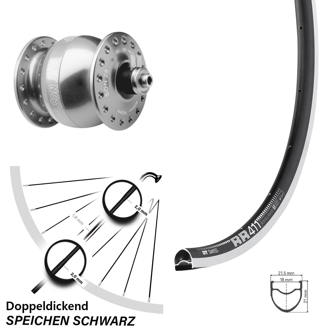 Vorderrad Fahrrad Son 28 Zoll DT Swiss RR 411 Nabendynamo silber eloxiert