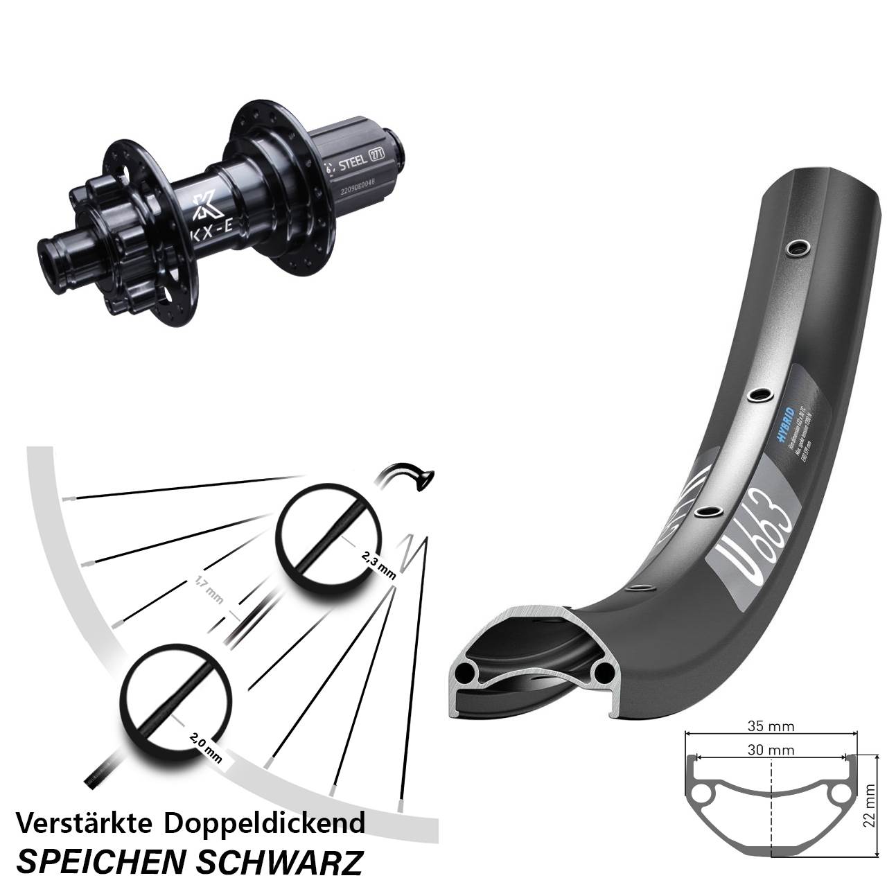 Disc Laufrad 12x142 20 Zoll DT Swiss U663 KX-E Stahl Freilauf 8-12 fach