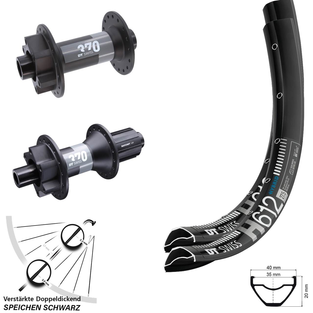 DT Swiss H612 370 27,5 Zoll Disc Laufrad-Satz 15x110 12x148 8-11 fach