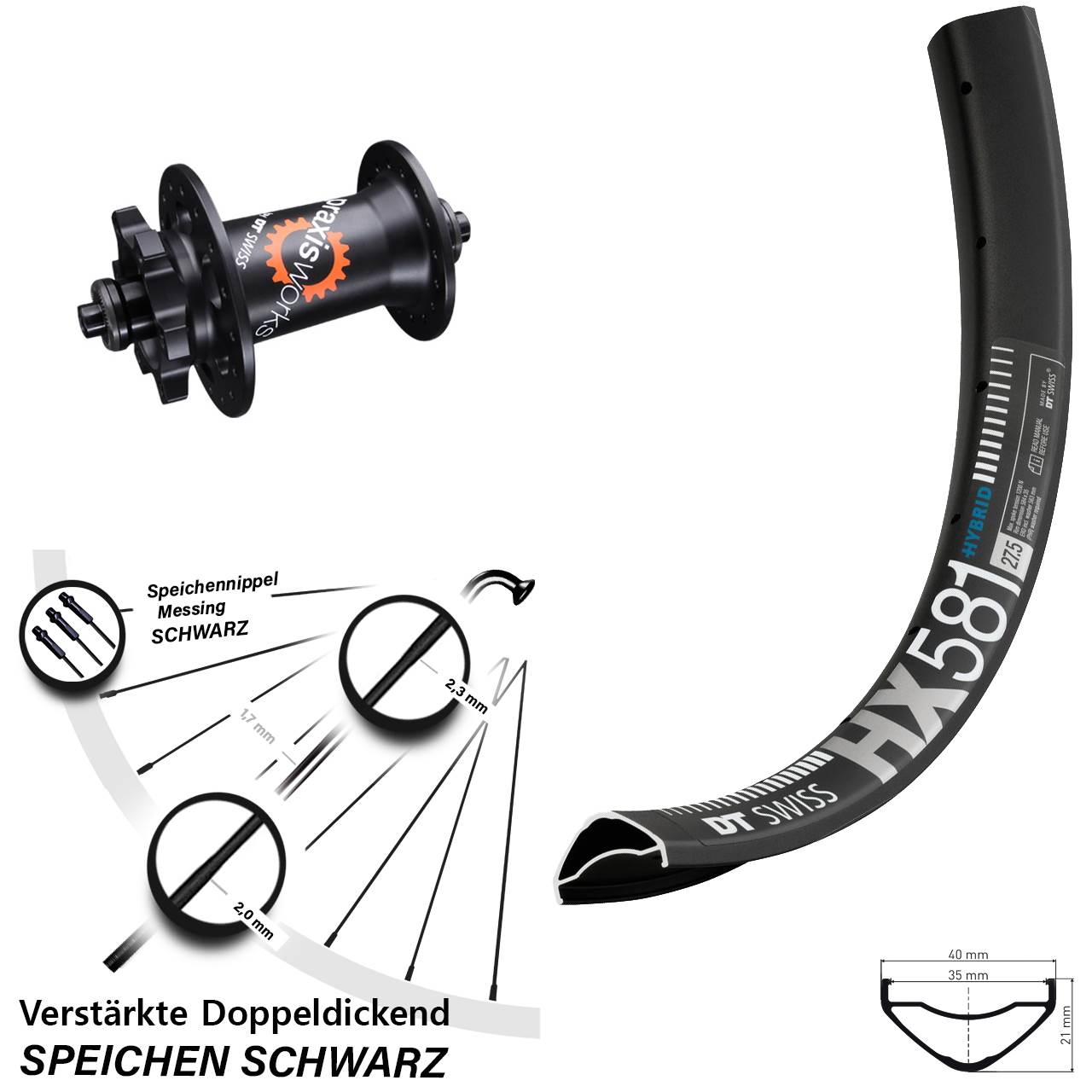 Vorderrad 6-Loch 27,5 Zoll DT Swiss HX581 DT Swiss 350 QR für Schnellspanner