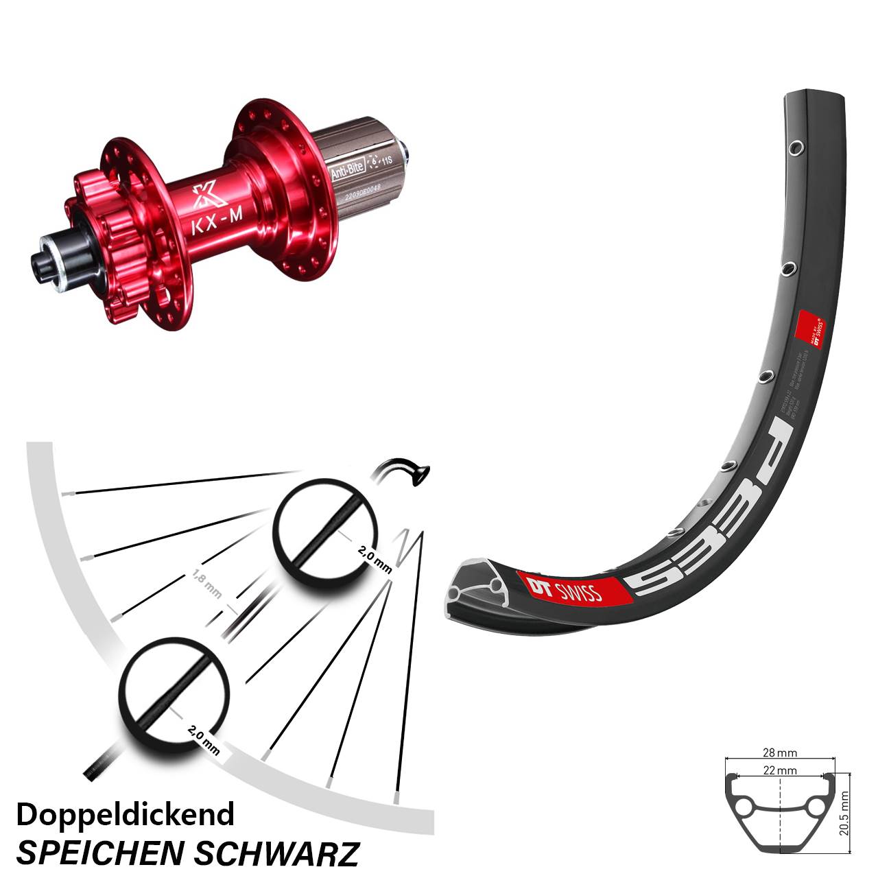 DT Swiss 533 D KX-M rot 650B Hinterrad 6-Loch QR 8-12 fach