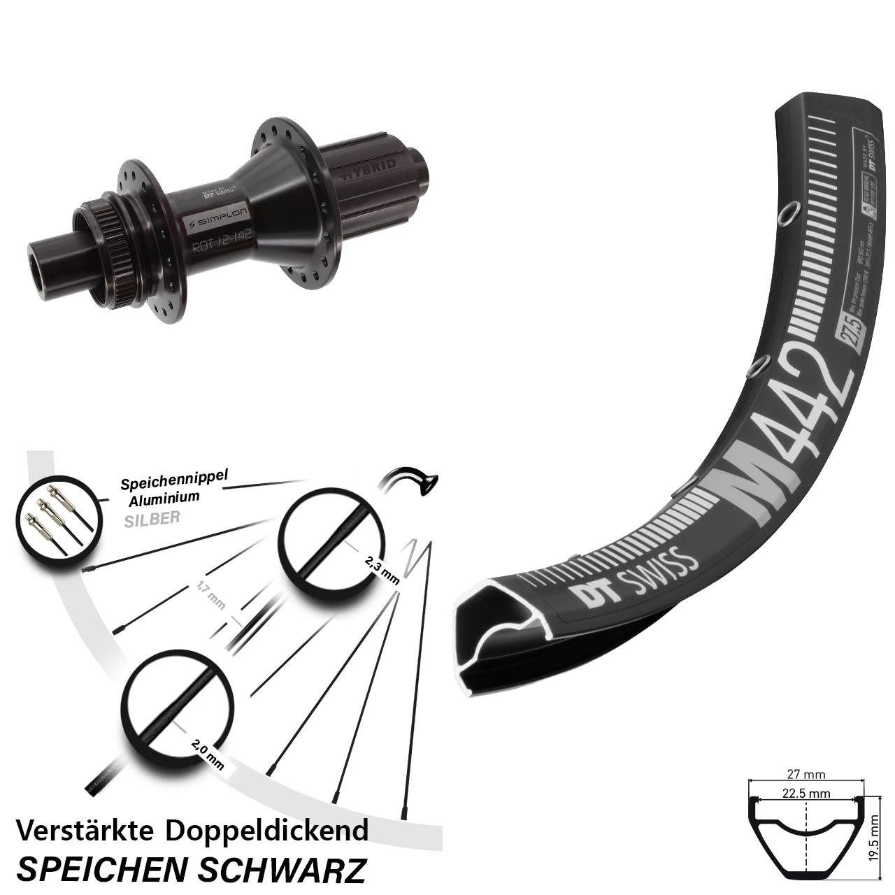 Hinterrad Centerlock 28 Zoll DT Swiss M442-370 Hybrid 8-11 fach 12x142