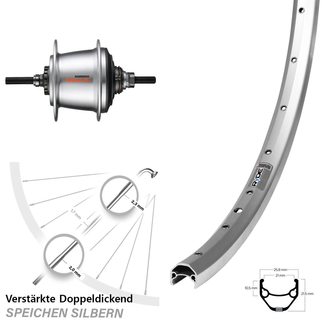 28 Zoll Ryde ZAC 421 Hinterrad Shimano 7 Gang Freilauf silbern