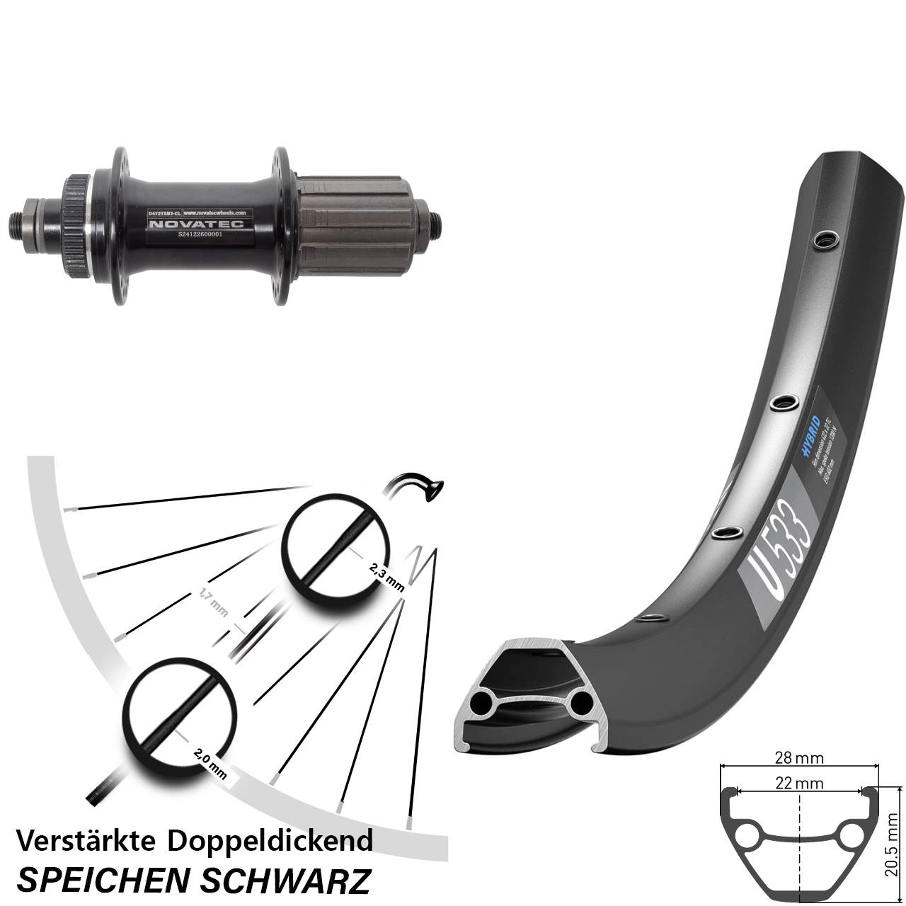 DT Swiss U533 Novatec D472 27,5 Zoll Disc Hinterrad QR 8-12 fach HG