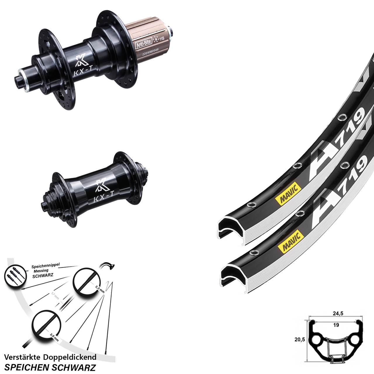 Laufradsatz für Schnellspanner 28 Zoll Mavic A 719 KX-T 8-12 fach