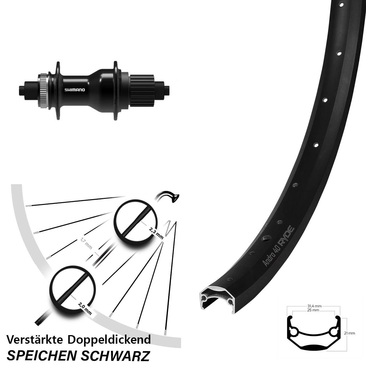 Ryde Andra 40 Shimano FH-QC500 28 Zoll Hinterrad Centerlock QR Micro Spline
