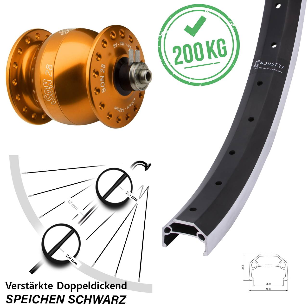 Nabendynamo-Vorderrad 26 Zoll KX Industry SON 28 orange für Schnellspanner