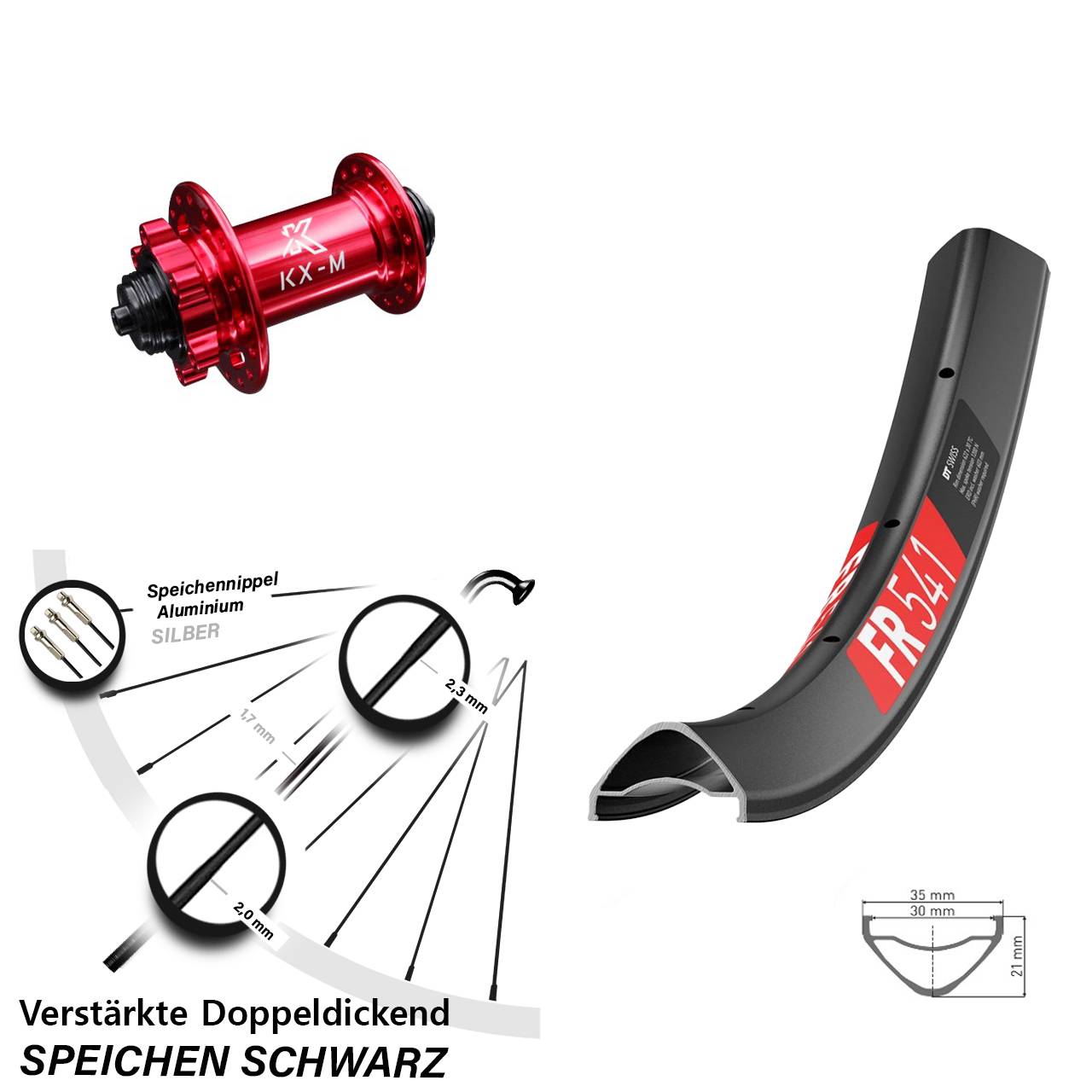 Vorderrad 6-Loch 29 Zoll DT Swiss FR 541 KX-M rot QR