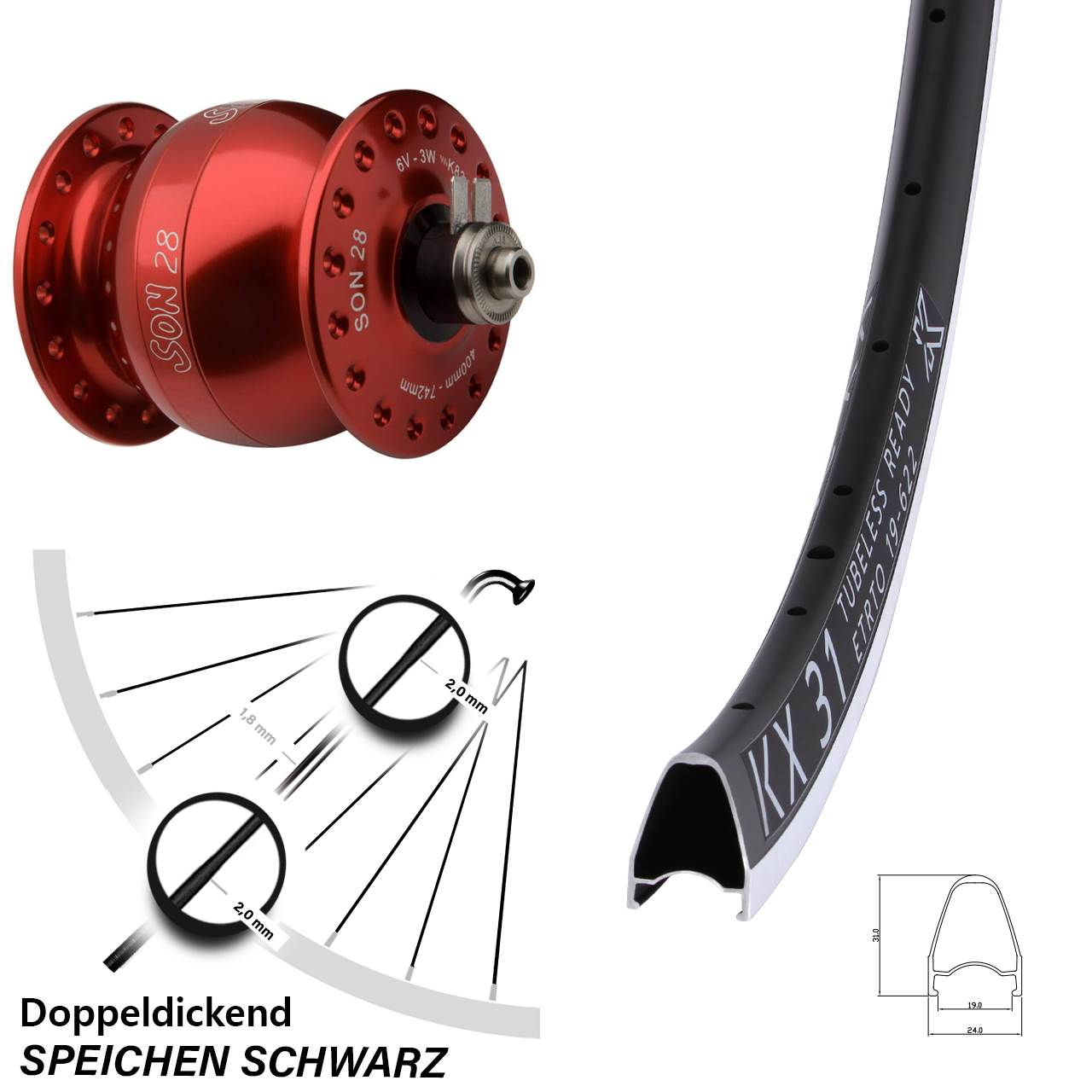 Vorderrad mit Nabendynamo für Schnellspanner KX 31 SON 28 Zoll rot