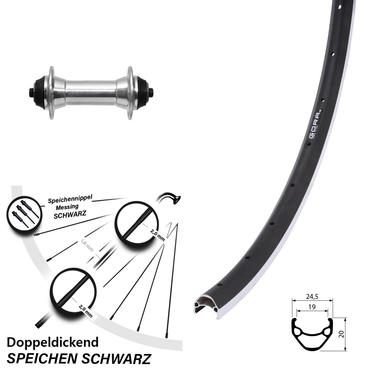 Laufrad 26 Zoll Gora 19 Felgenbremse schwarz Formula FM-21 silbern