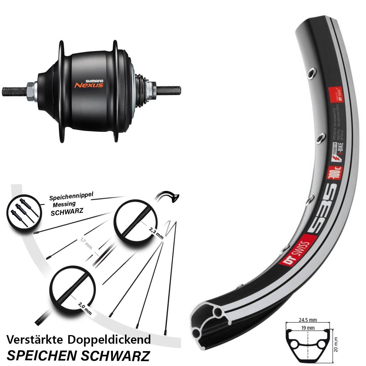 Hinterrad 28 Zoll DT Swiss 535 Shimano Nexus 8 Gang Freilauf schwarz