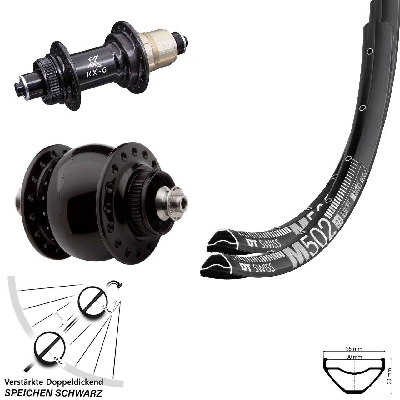 27,5 Zoll DT Swiss M 502 KX-G SON delux Laufradsatz Centerlock QR SRAM XDR