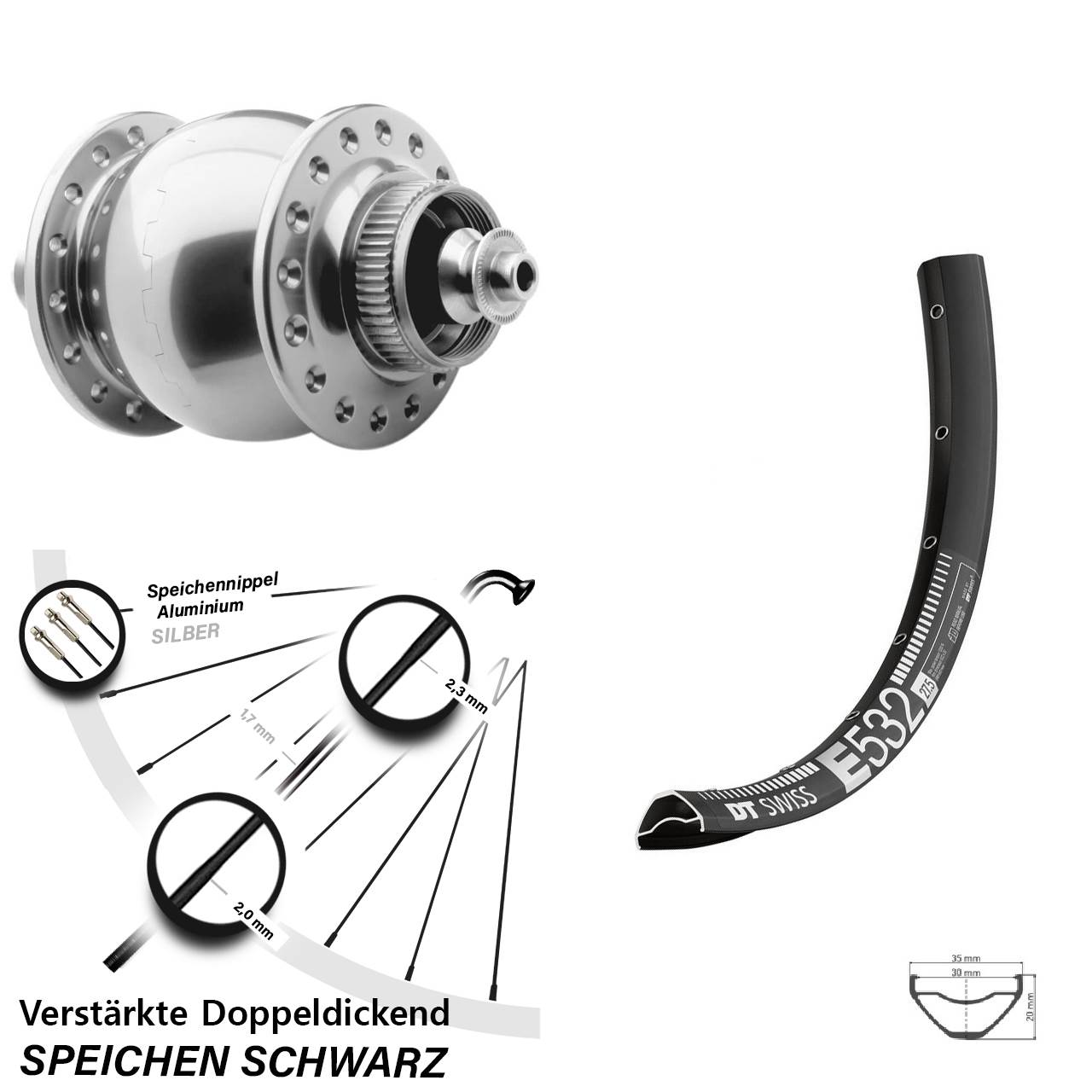29 Zoll DT Swiss E 532 SON 28 Disc Nabendynamolaufrad für Schnellspanner