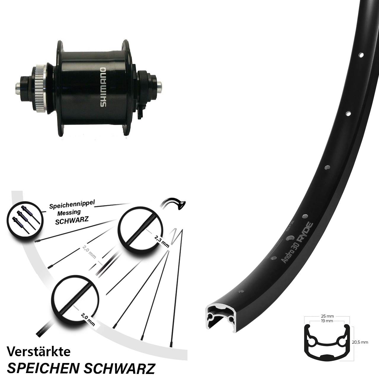 Centerlock Vorderrad mit Dynamo 28 Zoll Ryde Andra 30 Shimano DH-UR700 für Schnellspanner