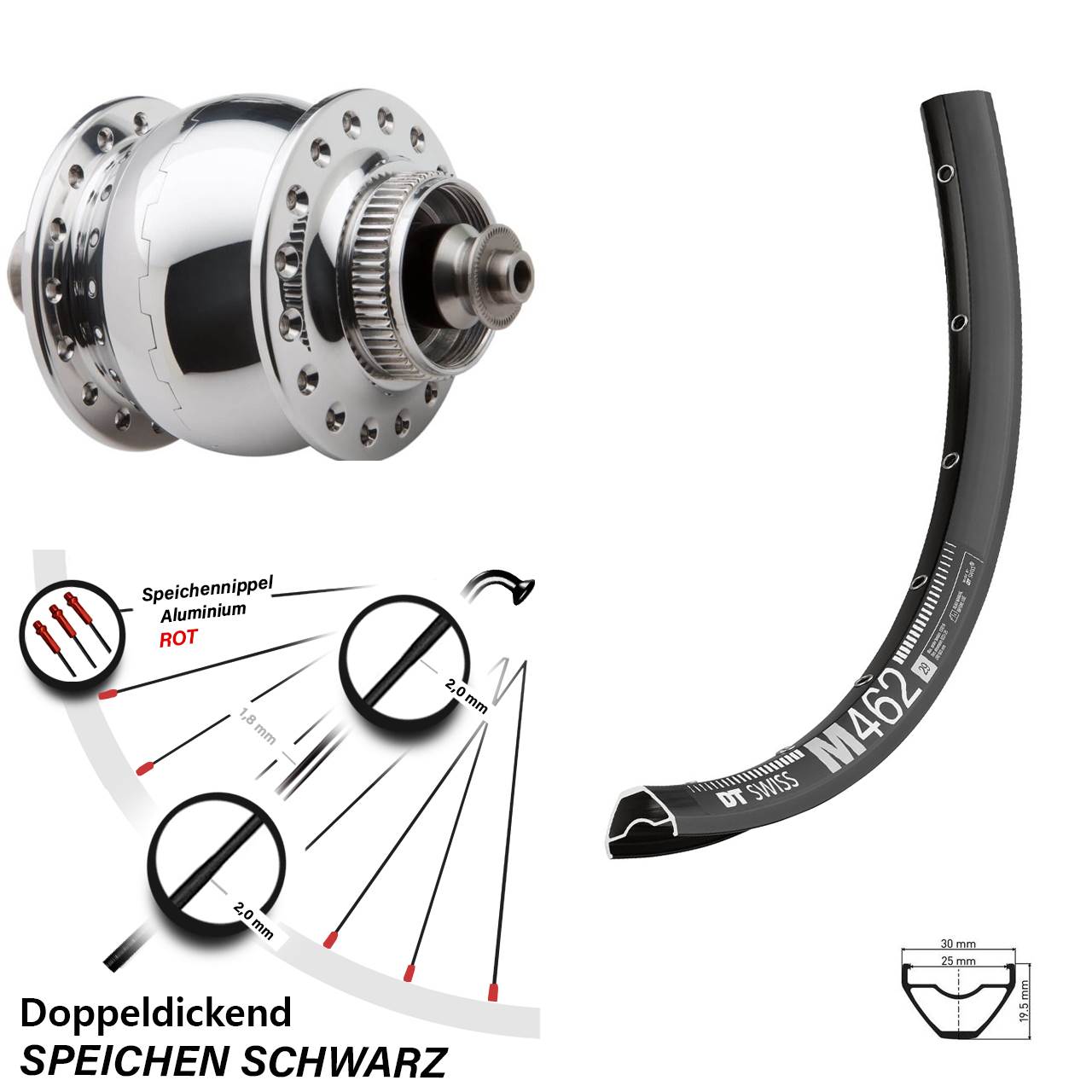 27,5 Zoll DT Swiss M 462 SON 28 Centerlock Vorderrad mit Nabendynamo für Schnellspanner