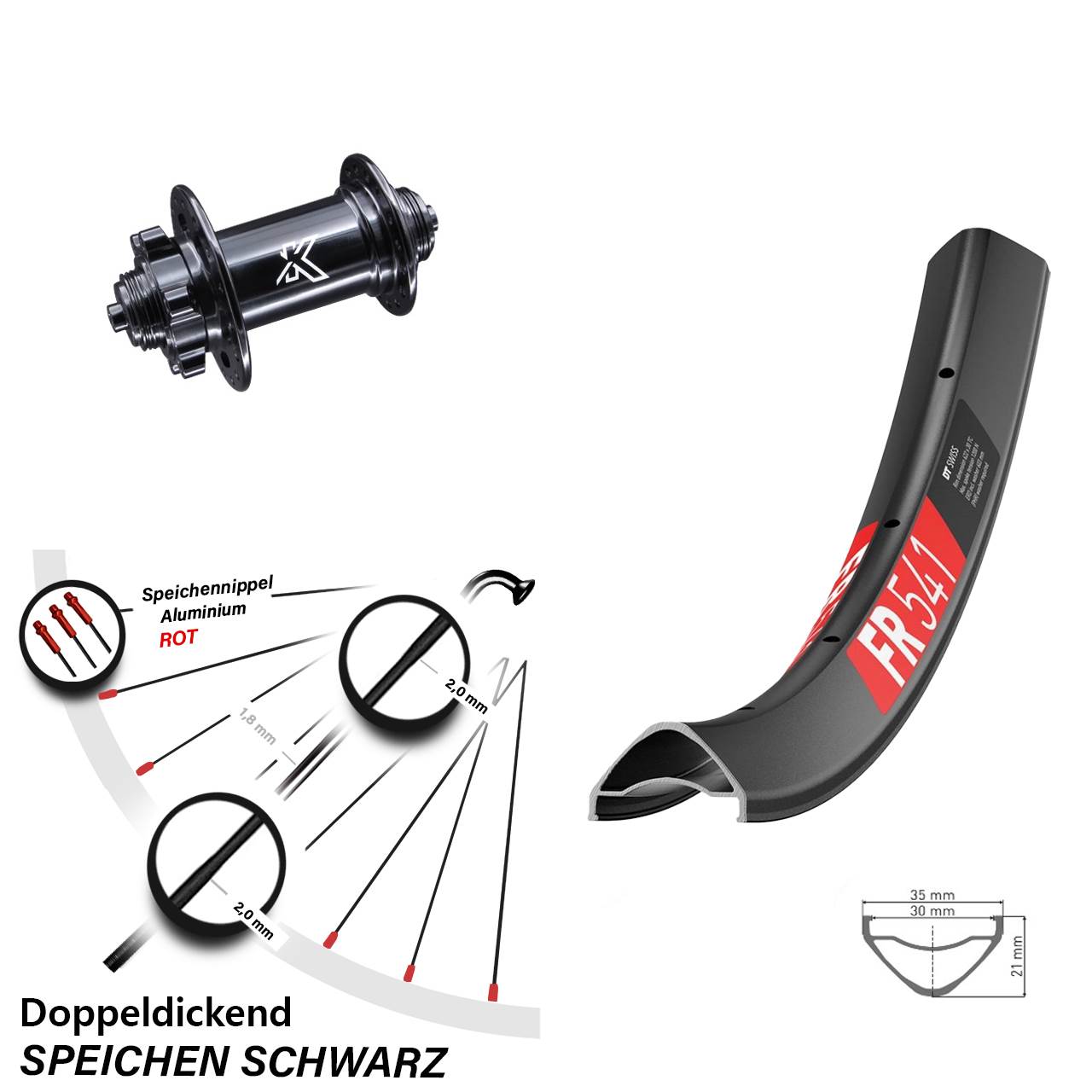 6-Loch Vorderrad QR 29 Zoll DT Swiss FR541 KX-M