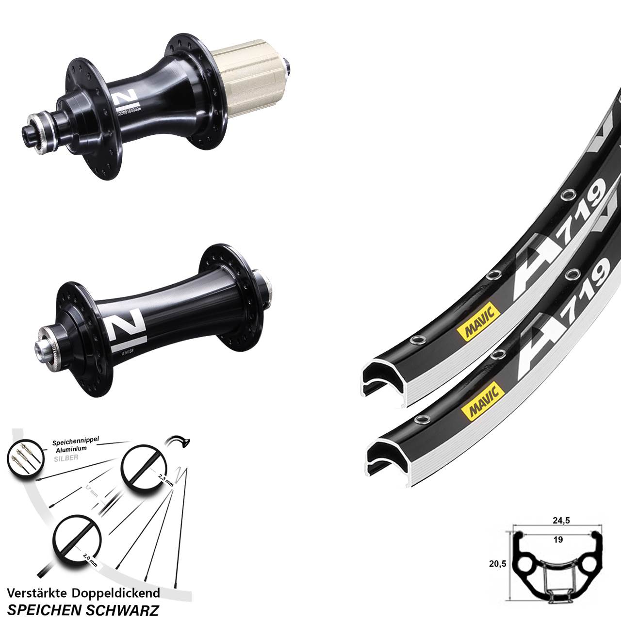 Laufradsatz für Schnellspanner 28 Zoll Mavic A 719 Novatec A141 SB-F162 8-12 fach
