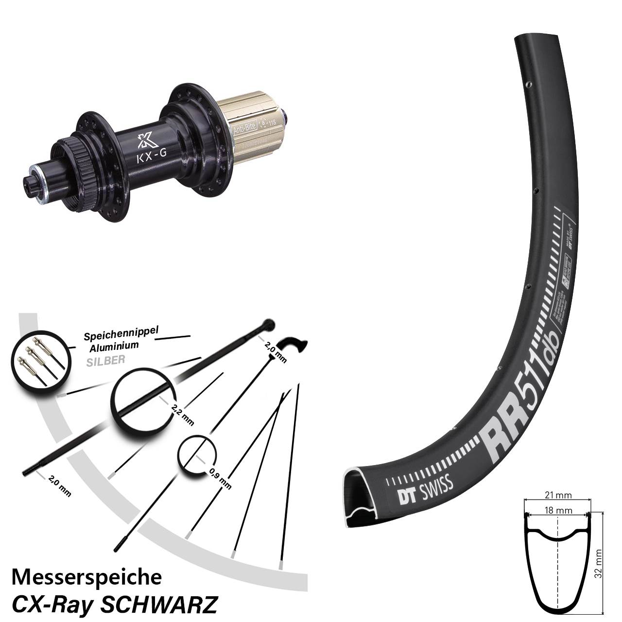 28 Zoll DT Swiss RR 511 KX-G Centerlock Hinterrad für Schnellspanner 8-12 fach HG CX-Ray