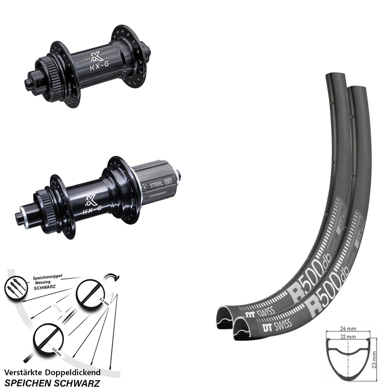 Laufradsatz Road Disc verstärkt DT Swiss R 500 KX-GS Nabe Centerlock Shimano 8-12 fach