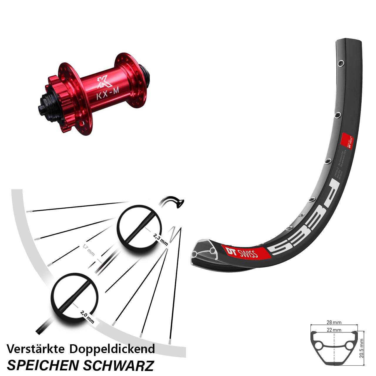 Vorderrad 6-Loch 28-29 Zoll DT Swiss 533d KX-M rot QR