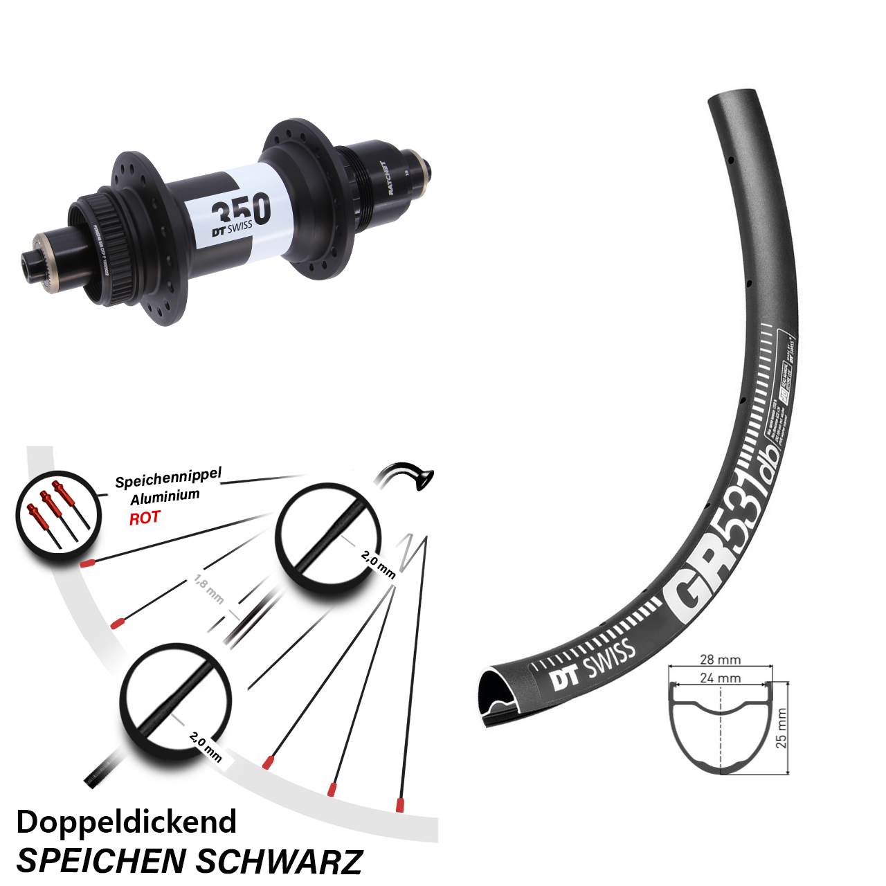 28-29 Zoll DT Swiss GR531-350 Hinterrad Centerlock für Schnellspanner XD 11-12 fach