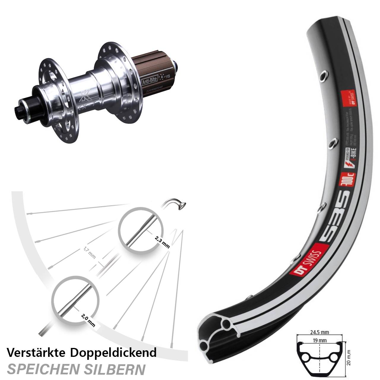DT Swiss 535 28 Zoll Hinterrad KX-T silbern 5x130 mm 8-12 fach